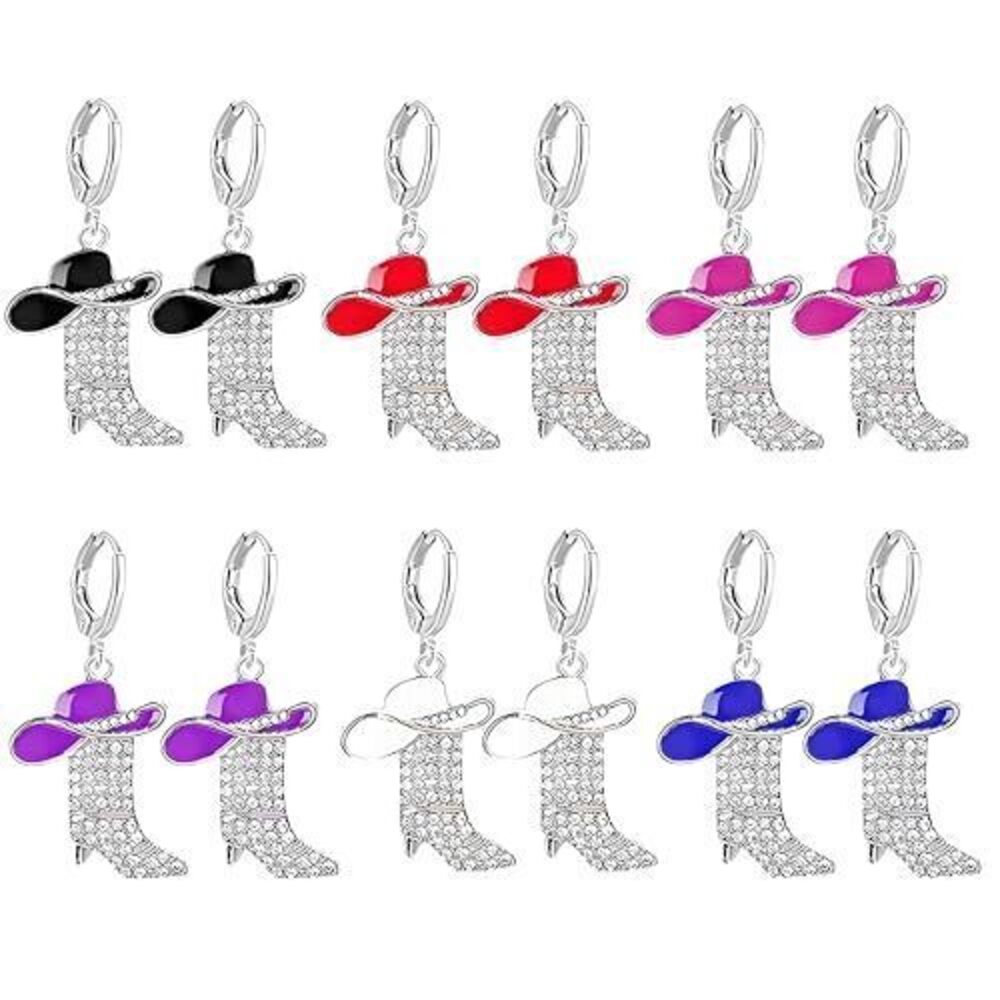 5210 6 Pairs Western Earrings Vintage Gun Cattle Head Horseshoe Boots Hat